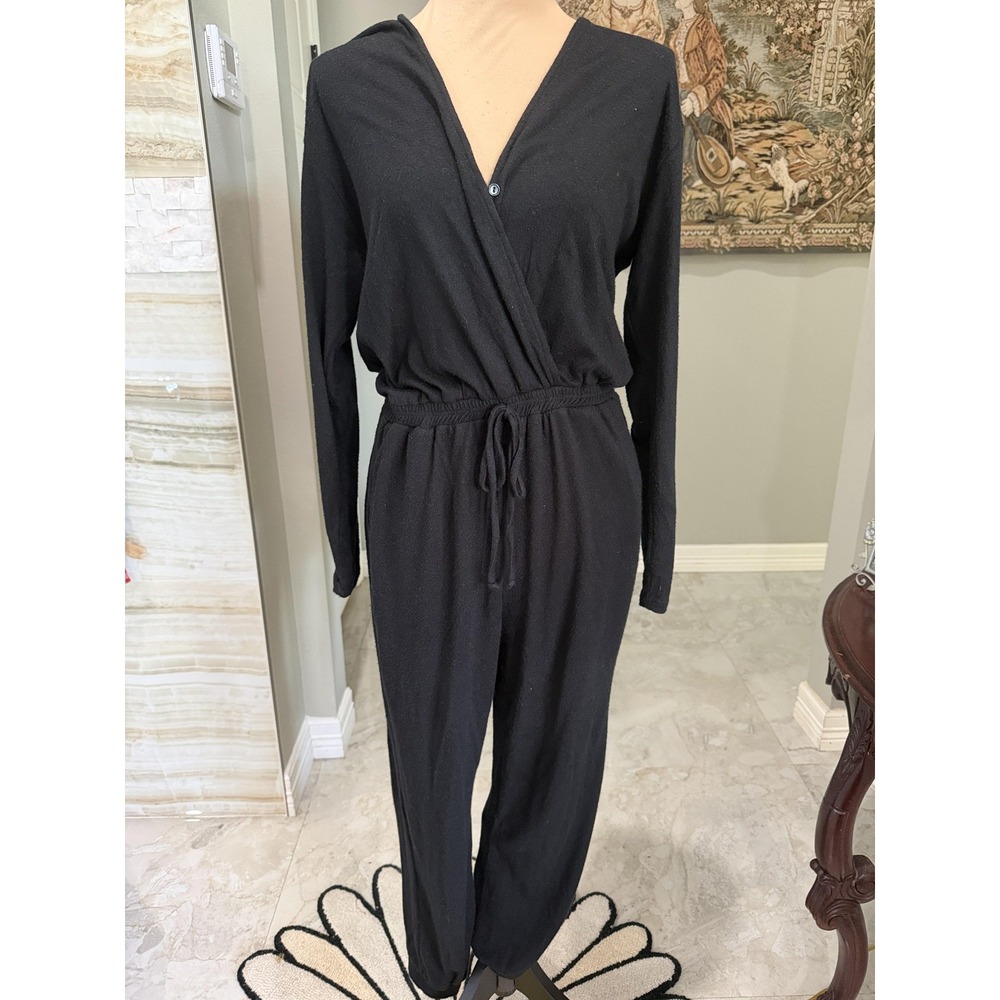 Fraiche By J Jumpsuit Womens Medium Black Wrap V Neck Long Sleeve Drawstring